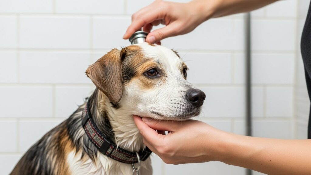 Cachorro de pequeno porte molhado dentro do banheiro, aguardando a continuação do banho, ilustrando a rotina em apartamento.