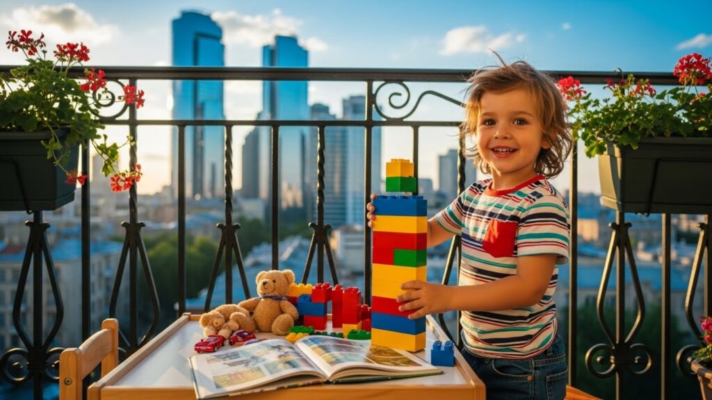 Criança pequena olhando a paisagem através de uma grande janela de vidro em um apartamento, ilustrando o risco de altura.