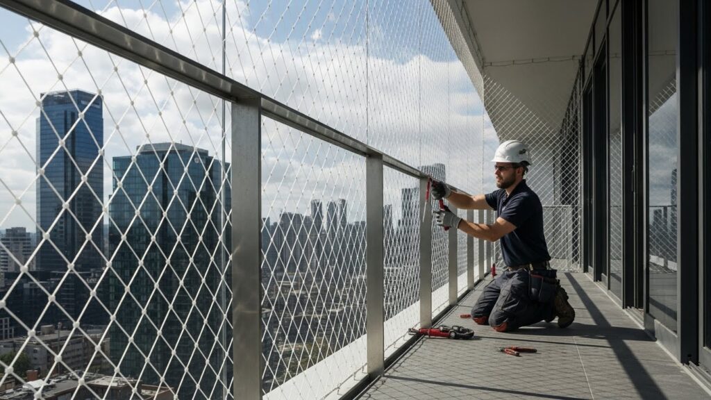 Mãos de um profissional medindo a distância entre furos na parede de concreto para a fixação dos ganchos da rede.