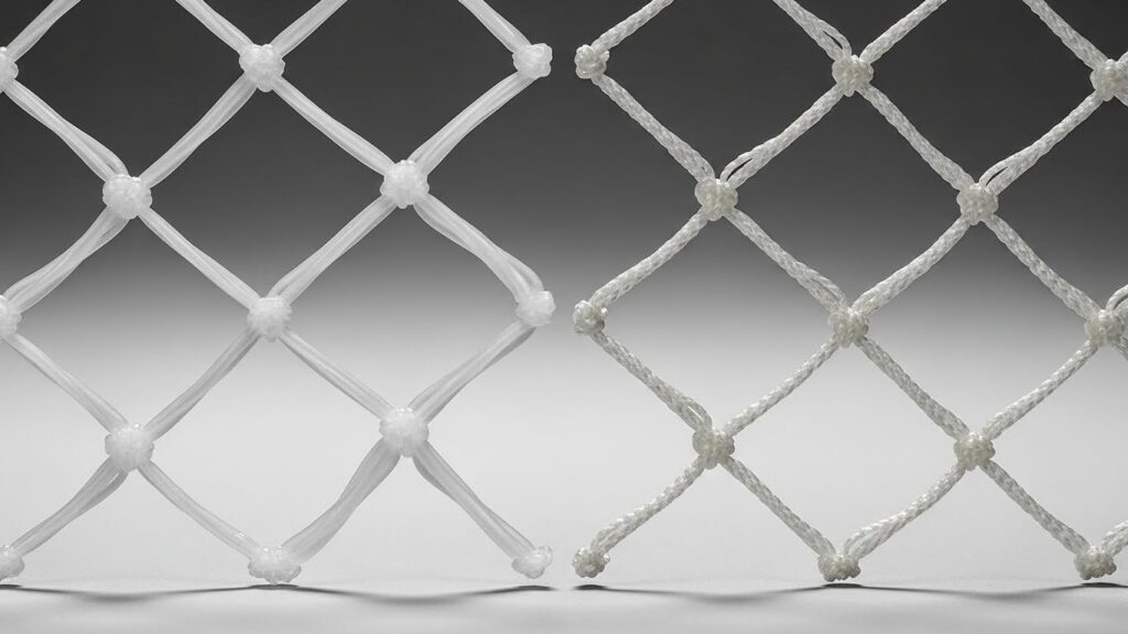 Detalhe aproximado de uma rede de proteção de cor escura, mostrando a trama dos fios e o tamanho da malha.