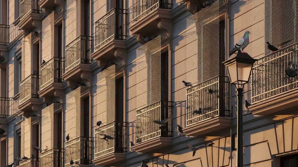 Grupo de pombos parados no parapeito externo de uma janela, impedidos de entrar no ambiente pela tela de proteção instalada.