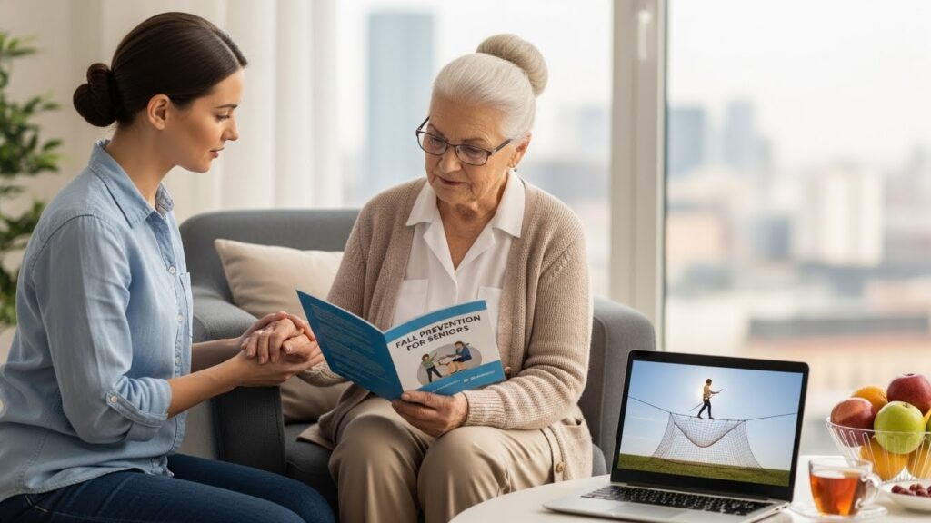 Montagem dividida: à esquerda, uma idosa caída no chão da sala após um acidente; à direita, uma idosa caminhando com segurança segurando em um corrimão.