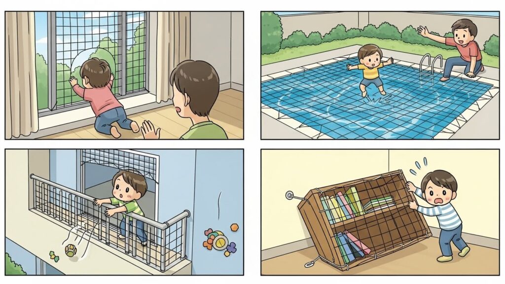 Montagem comparativa: à esquerda, criança brincando feliz no quarto; à direita, criança olhando a vista através de uma janela protegida por rede de segurança.