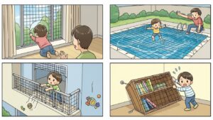 Montagem comparativa: à esquerda, criança brincando feliz no quarto; à direita, criança olhando a vista através de uma janela protegida por rede de segurança.
