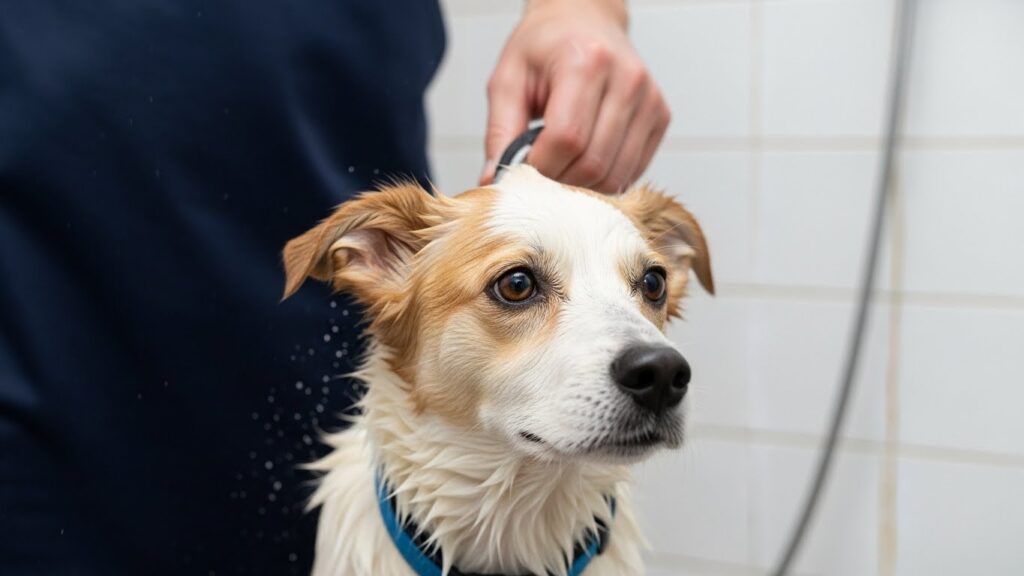 Porta de banheiro ou área de serviço bloqueada com uma cerca removível, impedindo que o cachorro molhado saia para a sala.