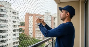 Detalhe de uma rede de proteção antiga e ressecada que precisa ser trocada urgentemente.