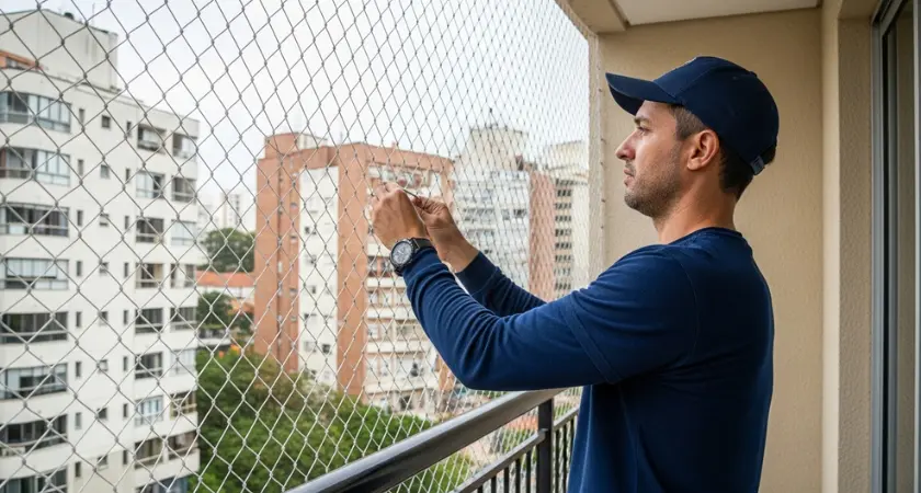 Detalhe de uma rede de proteção antiga e ressecada que precisa ser trocada urgentemente.