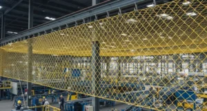 Rede de proteção para indústria instalada em galpão logístico para segurança.