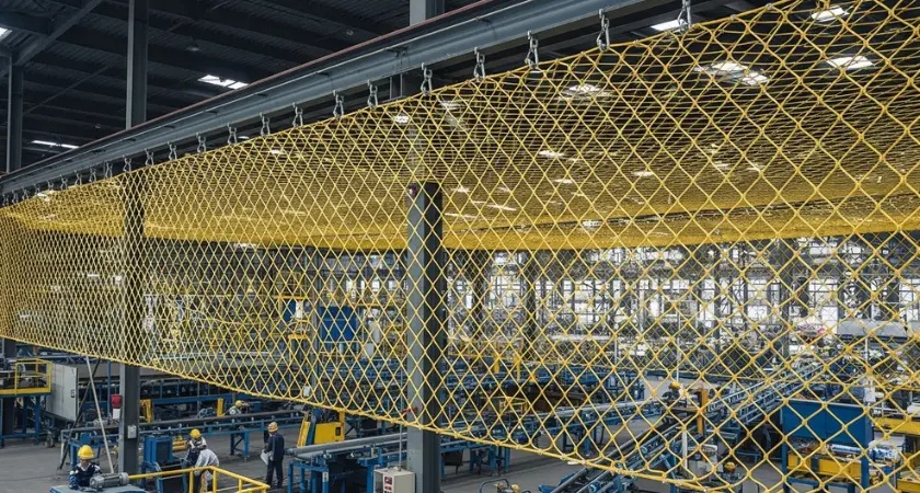 Rede de proteção para indústria instalada em galpão logístico para segurança.
