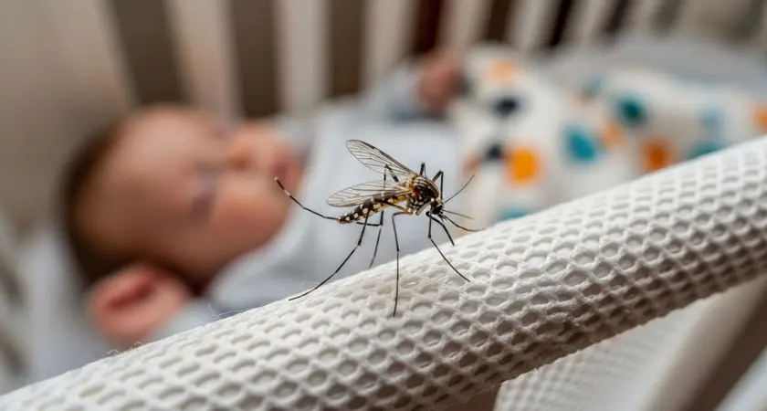 Janela de quarto infantil com tela mosquiteira instalada para bloquear mosquitos e proteger o bebê.