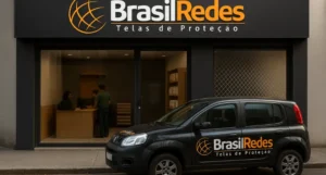 Profissional de empresa de redes de proteção qualificada realizando a instalação com segurança.