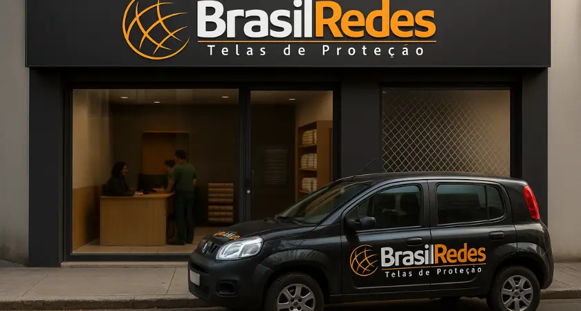 Profissional de empresa de redes de proteção qualificada realizando a instalação com segurança.