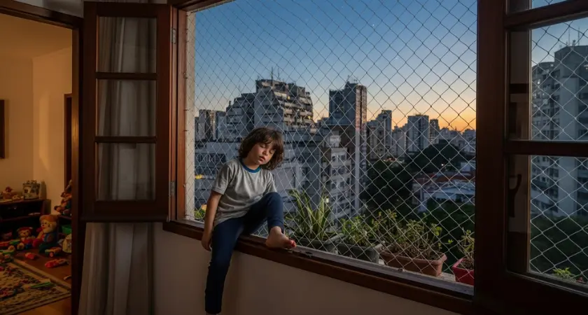 Quarto protegido com rede de proteção, medida necessária para segurança de sonâmbulos.