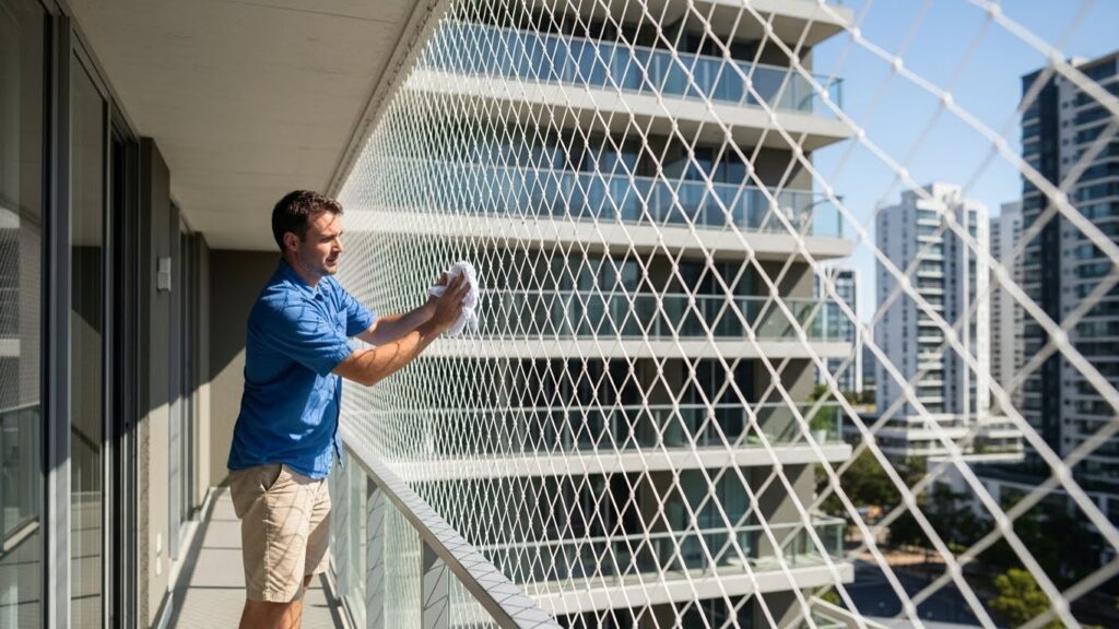 Pessoa realizando a limpeza de uma rede de proteção de janela em apartamento utilizando um pano úmido, de forma segura.