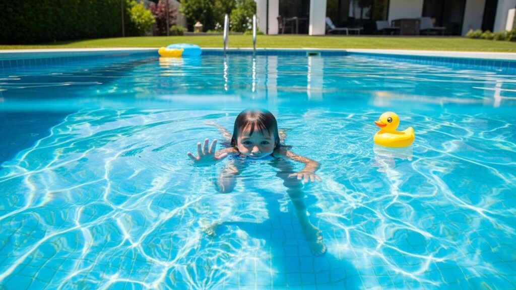 Piscina residencial cercada por uma cerca de proteção removível, impedindo o acesso não supervisionado de crianças e animais de estimação.