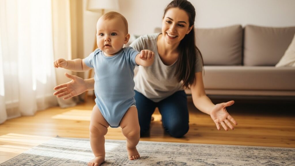 Bebê pequeno tentando dar os primeiros passos na sala de casa, apoiando-se nos móveis.