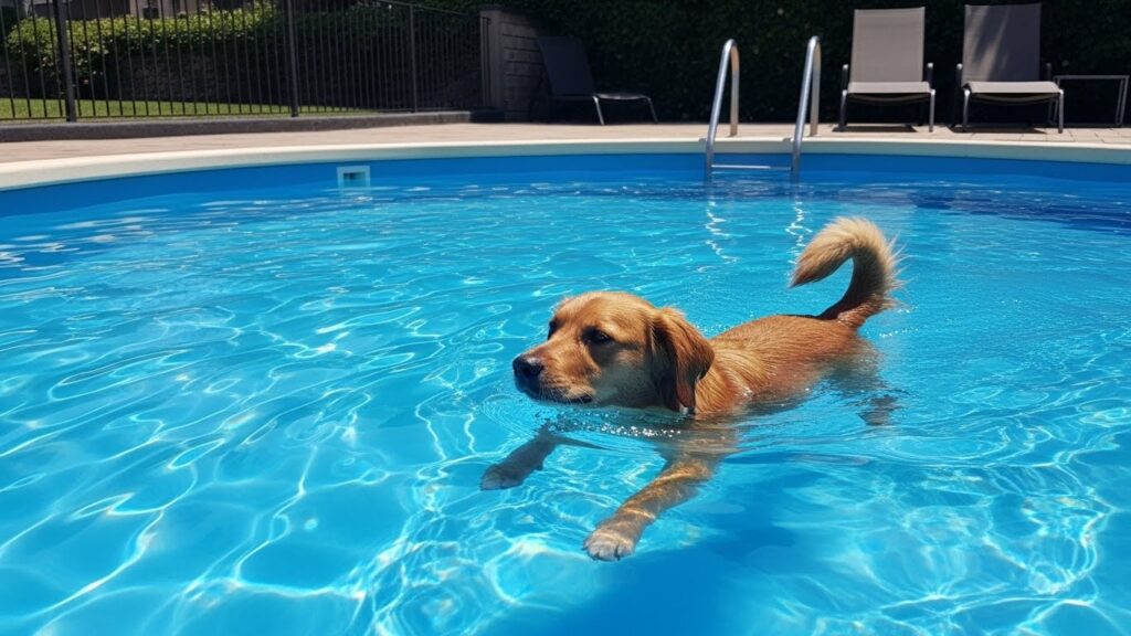 Cão da raça Labrador próximo à borda de uma piscina, olhando para a água com hesitação, ilustrando raças que não sabem nadar bem.