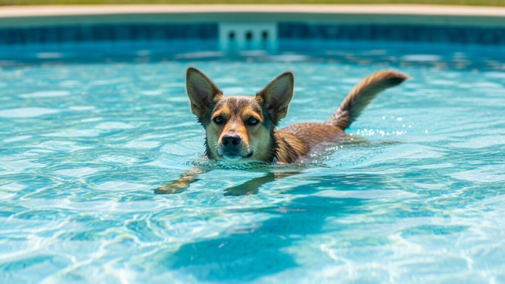 Piscina cercada com rede ou cerca de proteção removível, garantindo que o cachorro no jardim não consiga cair na água acidentalmente.