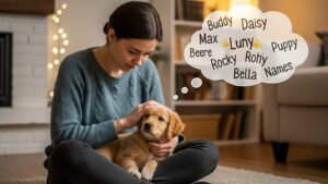 Cachorro feliz brincando ao ar livre, representando a alegria de um pet batizado com um nome significativo.