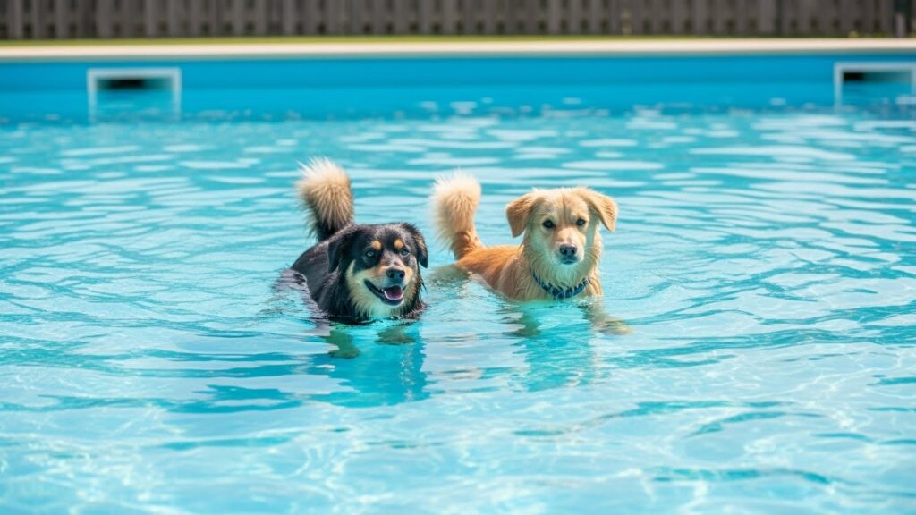 Cachorro molhado saindo da piscina e se sacudindo, ilustrando a questão da sujeira e dos pelos que ficam na água.