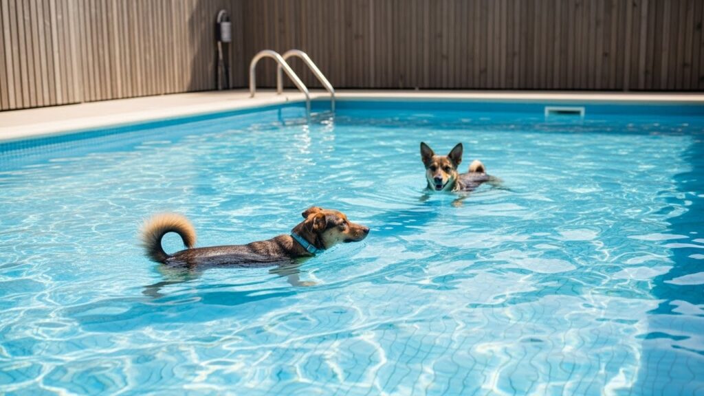 Cachorro nadando confortavelmente usando um colete salva-vidas próprio para pets, garantindo flutuabilidade e segurança.