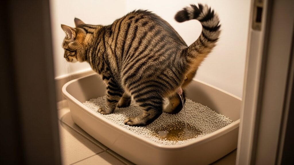 Gato malhado com olhos claros olhando fixamente para a frente, ilustrando o tema de cuidados e limpeza com animais de estimação.