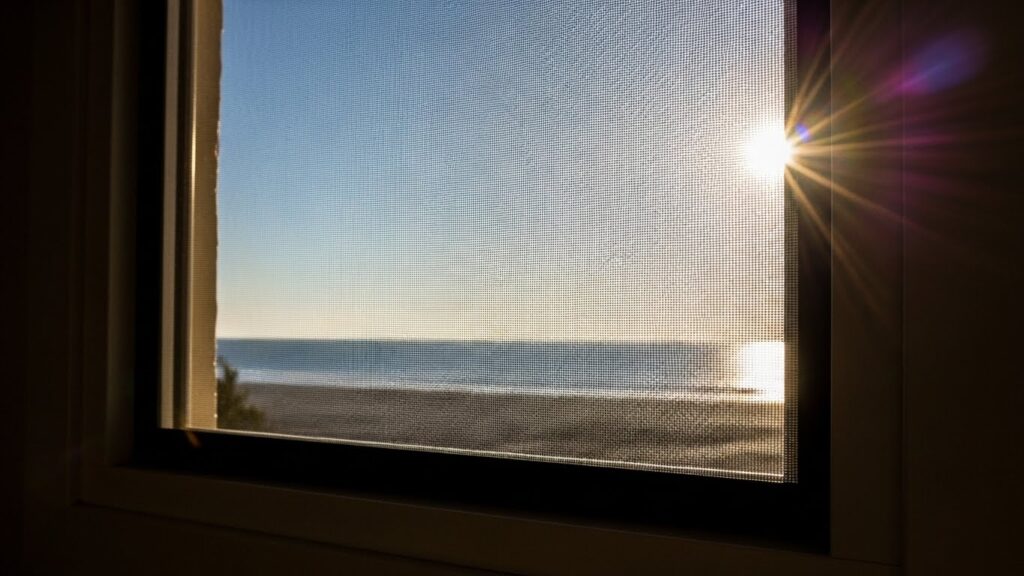 Janela de casa aberta em um dia ensolarado com tela mosquiteira instalada, permitindo a entrada de luz e ar fresco.