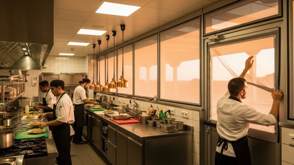 Cozinha profissional de restaurante limpa e organizada, com janelas protegidas por telas mosquiteiras para impedir a entrada de insetos.