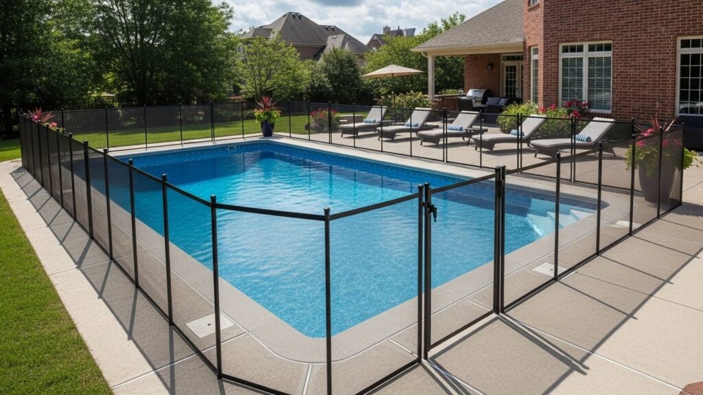 Área de lazer com piscina cercada por uma cerca de proteção removível, impedindo o acesso direto à água em um dia de sol.