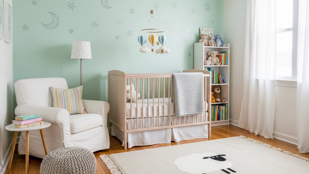 Quarto de bebê decorado e aconchegante, com berço seguro, poltrona de amamentação confortável e janela protegida com tela mosquiteira.