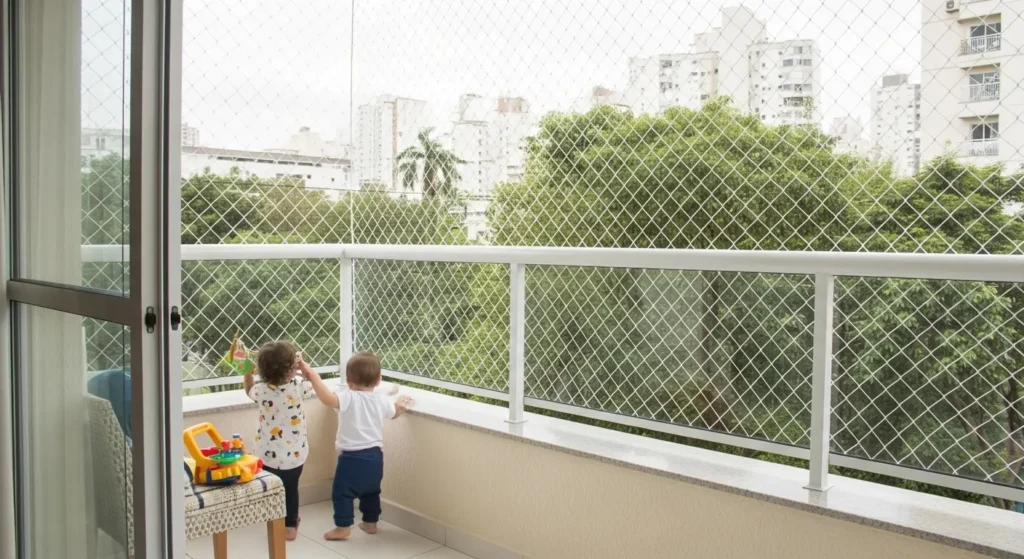 Condominio com varanda em Pinheiros com rede de proteção transparente.