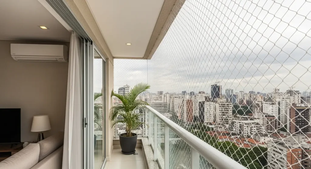 Rede de proteção instalada em sacada com vista para o Parque Villa-Lobos