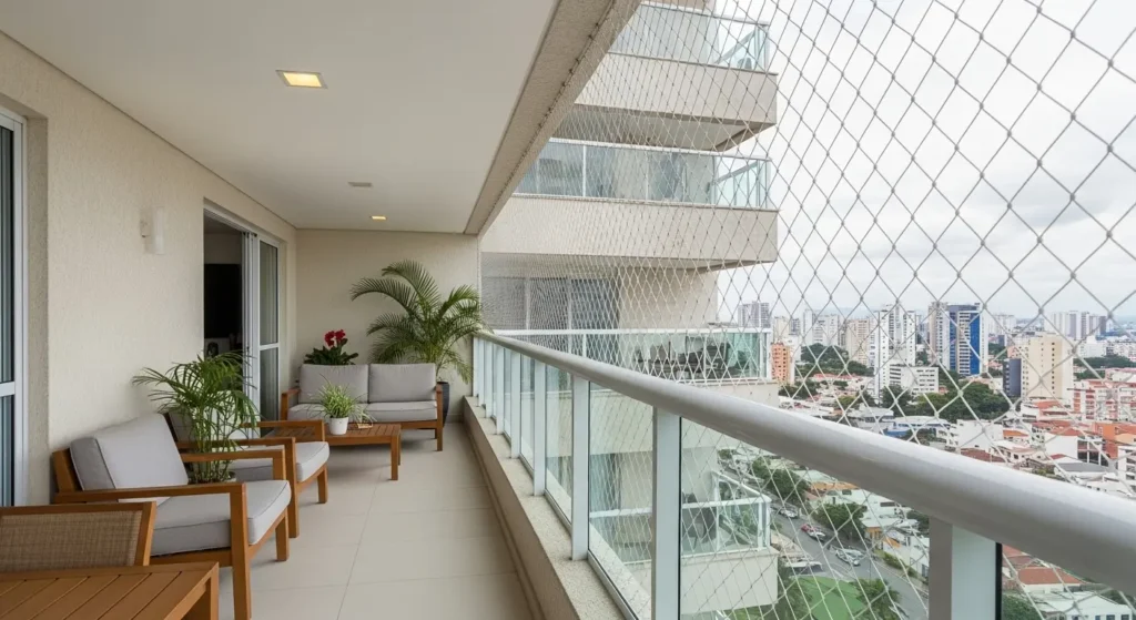 Fachada de apartamento com rede de proteção instalada na varanda em Aclimação, SP
