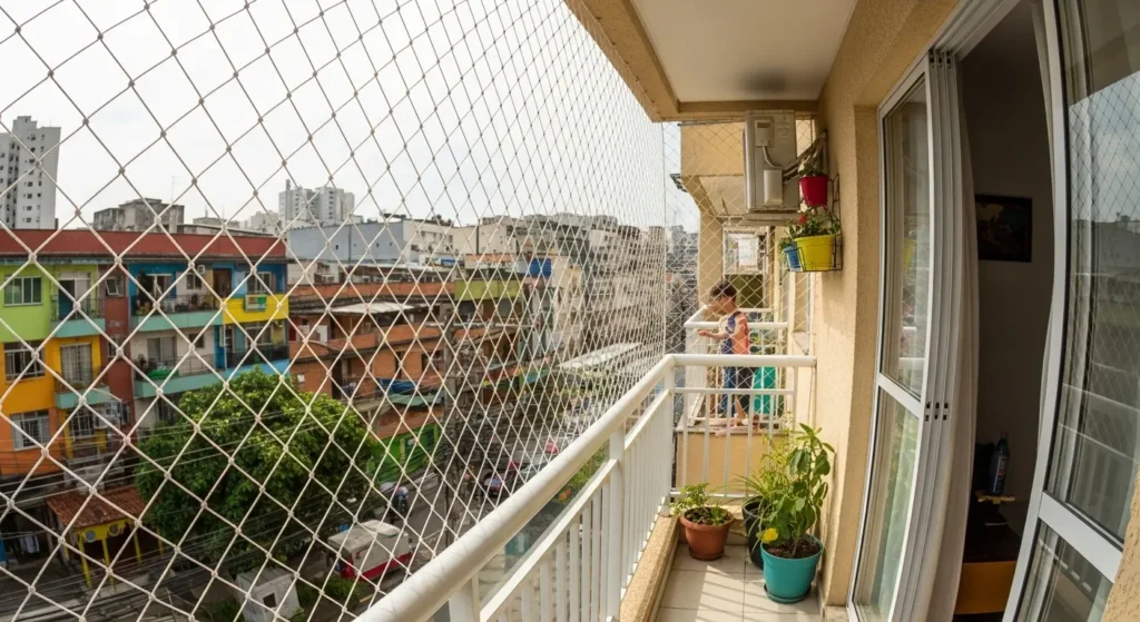 Sacada protegida com rede em edifício no Anália Franco