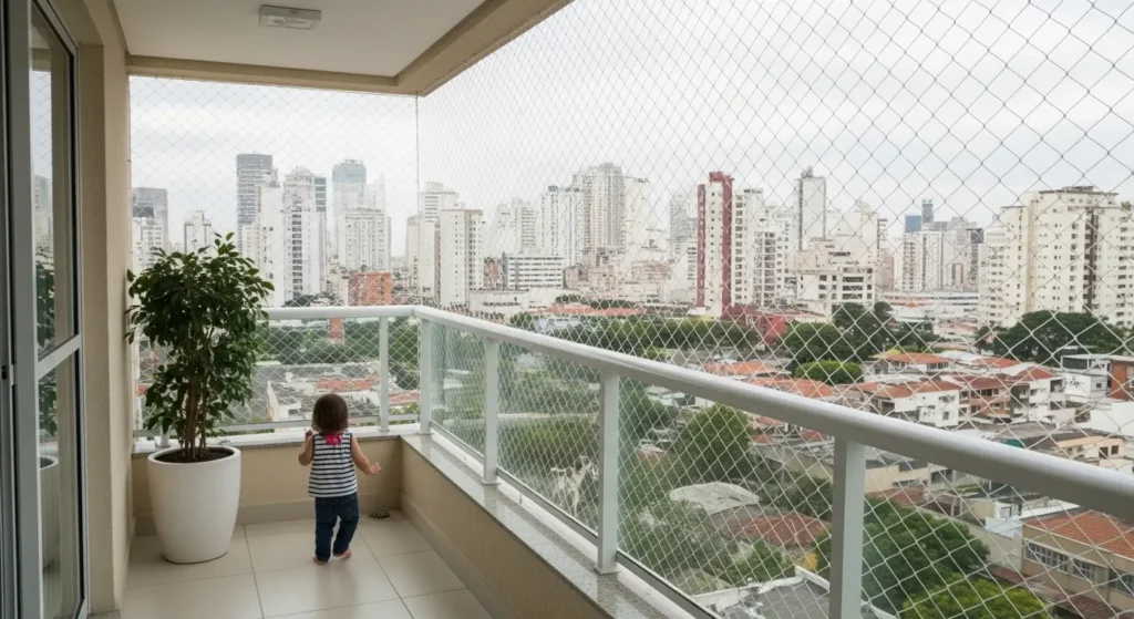 Sacada protegida com rede branca em apartamento no Bosque da Saúde