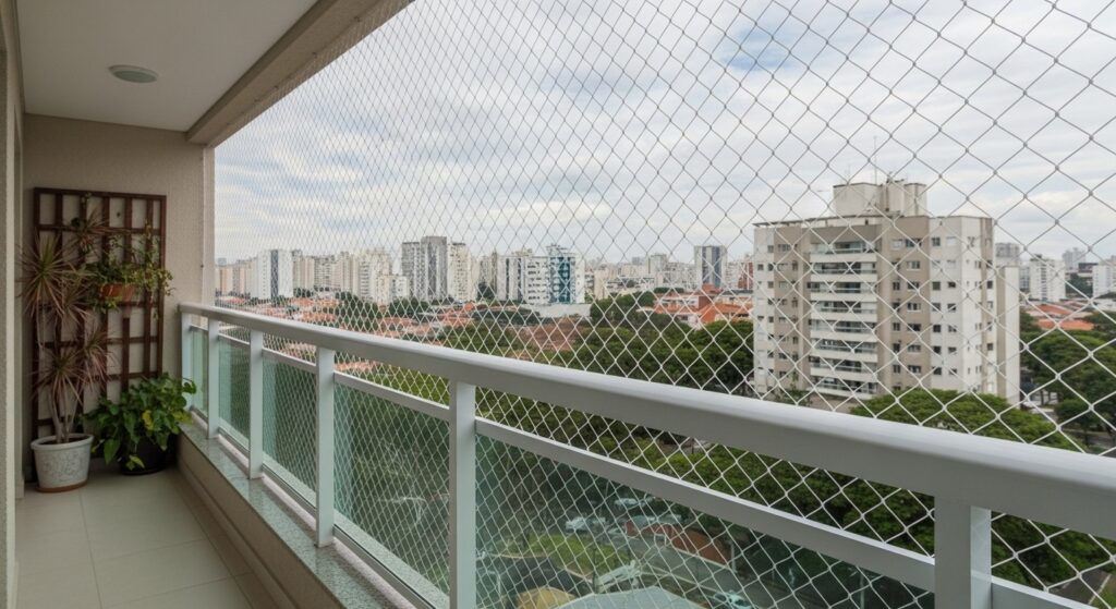 Fachada de apartamento com redes de proteção em sacada – Bairro Indianópolis