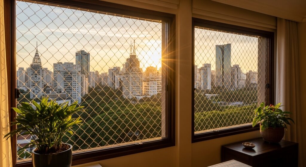 Janela de sobrado no Mandaqui com rede de proteção para crianças instalada pela Brasil Redes.