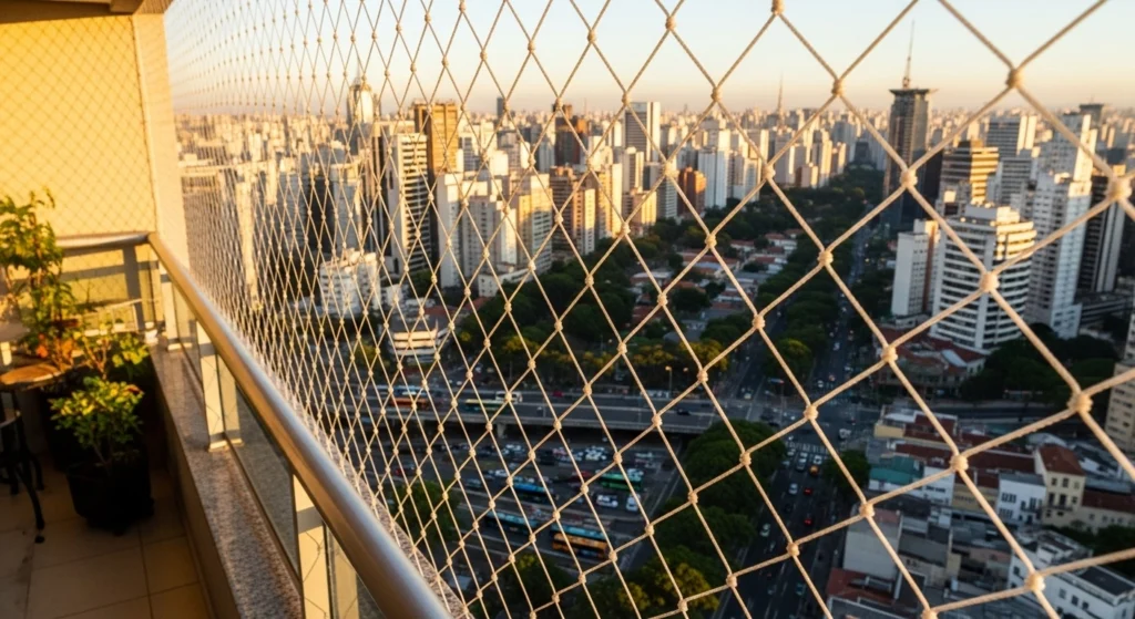 Rede de proteção cristal em varanda de apartamento de luxo no Itaim Bibi, São Paulo.