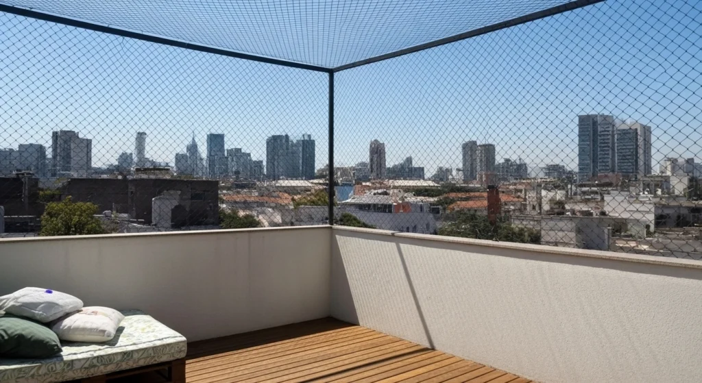 Rede de proteção discreta instalada em varanda de apartamento em Perdizes, São Paulo, com vista para o bairro.