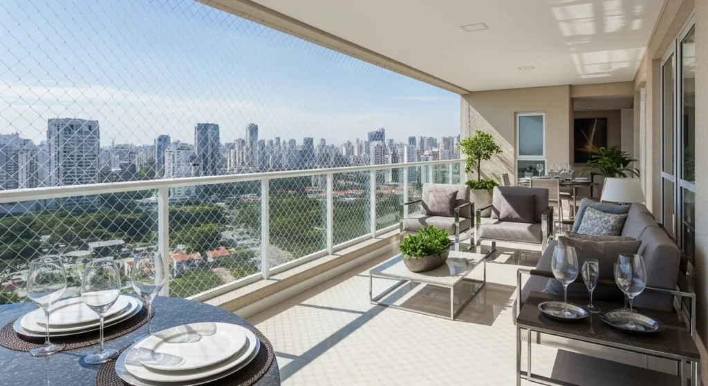 Rede de proteção discreta instalada em varanda de apartamento em Pinheiros, São Paulo, com vista para o bairro.