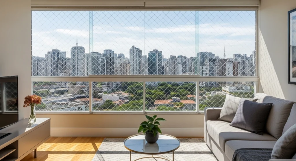 Rede de proteção discreta em varanda gourmet de um apartamento novo na Vila Leopoldina, São Paulo.