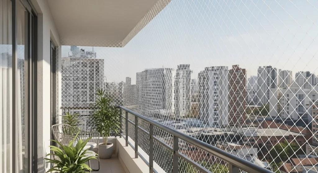 Rede de proteção cristal instalada em varanda de apartamento na Bela Vista, São Paulo.