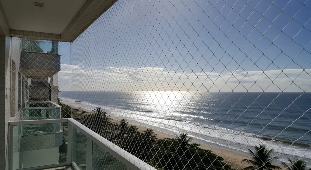 Rede de proteção cristal instalada em varanda de apartamento de frente para o mar na Riviera de São Lourenço, Bertioga, mostrando resistência à maresia.