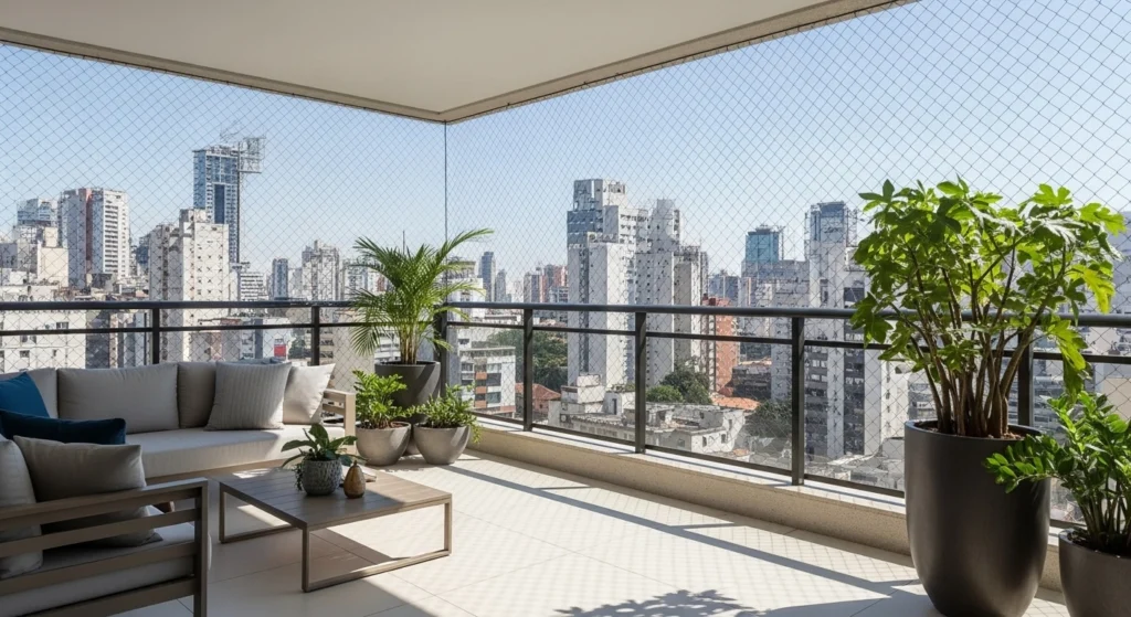 Rede de proteção discreta em varanda de apartamento de alto padrão no Campo Belo, São Paulo.