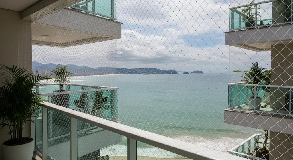 Rede de proteção cristal instalada em varanda de apartamento em Caraguatatuba (Martim de Sá), mostrando resistência à maresia.