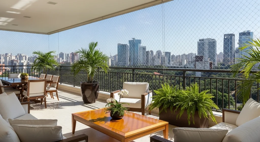 Rede de proteção discreta em varanda gourmet de apartamento de luxo com vista para o Parque Ibirapuera.