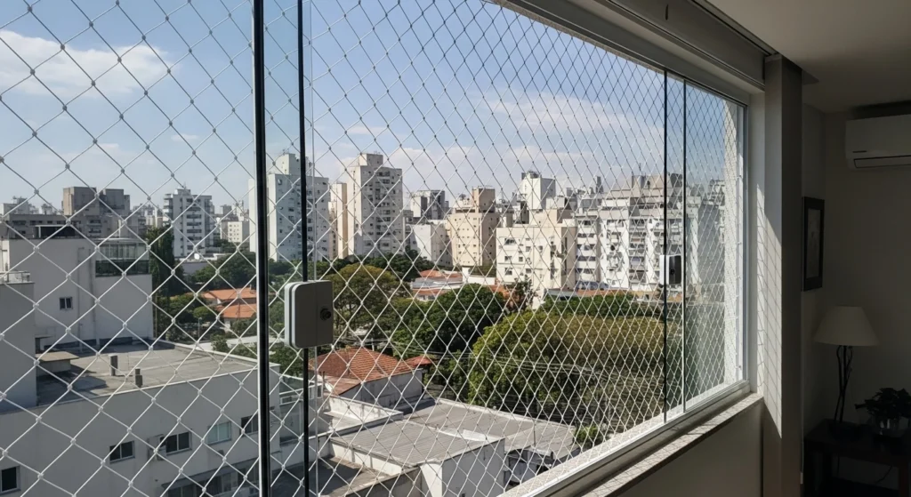 Rede de proteção cristal instalada em varanda residencial em Itaquera, Zona Leste de São Paulo.