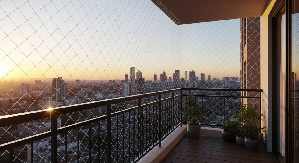 Rede de proteção cristal instalada em varanda de apartamento na Liberdade, São Paulo.