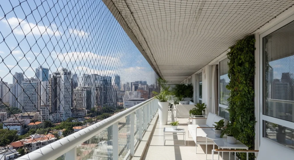 Rede de proteção cristal instalada em varanda de apartamento na Vila Prudente, São Paulo.