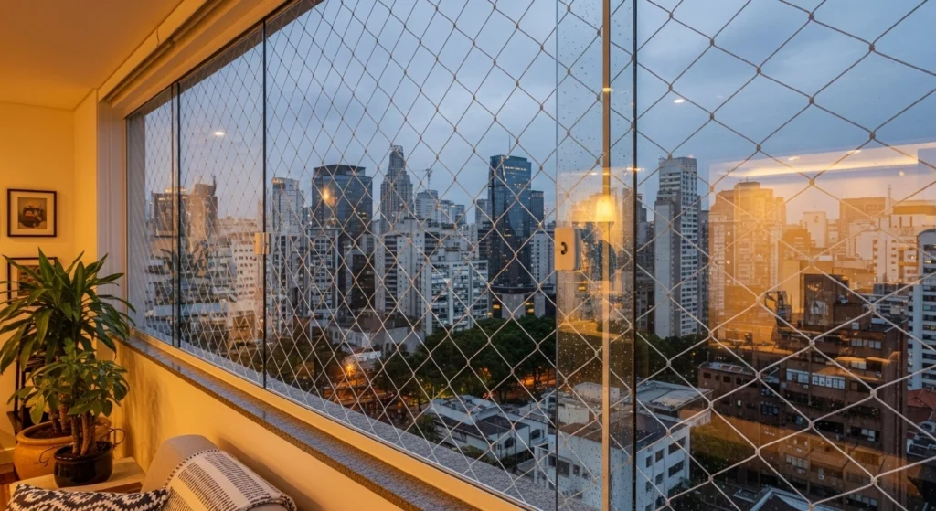 Rede de proteção cristal instalada em varanda de apartamento na Mooca, São Paulo.